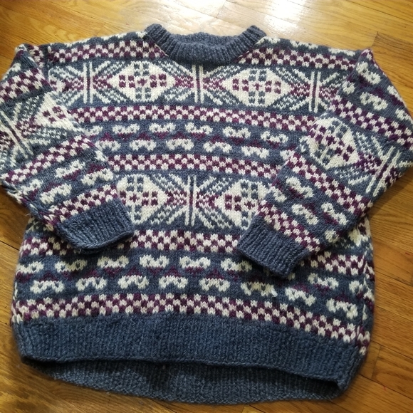 Nepal Hand Knit Wool Nordic Inspired Navy Diamond Motifs UNIQUE Sweater Rustic - Picture 6 of 13